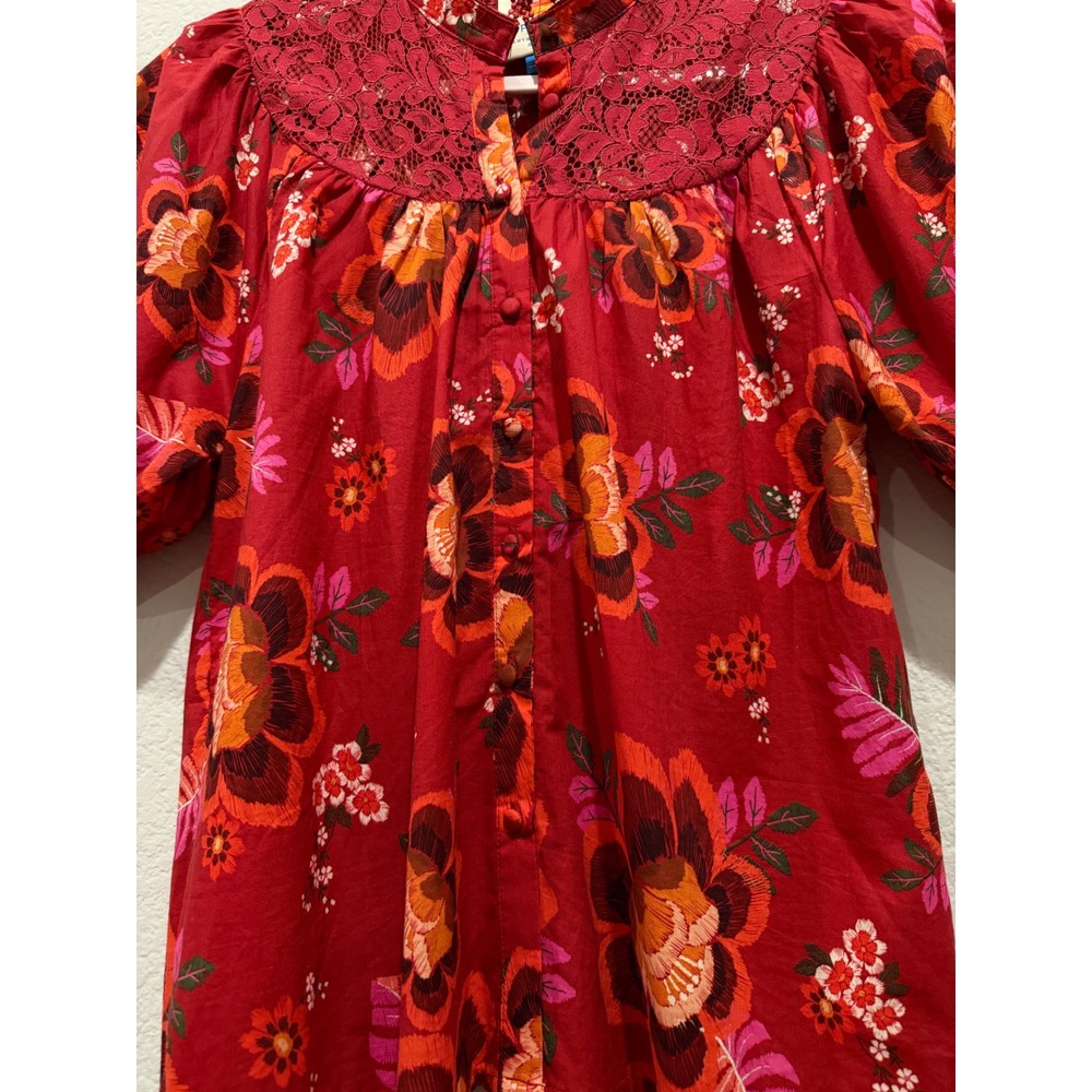 Farm Rio Floral Lace Blouse Red XS Puff Sleeve Button up Boho Lightweight Cotton - Picture 5 of 11